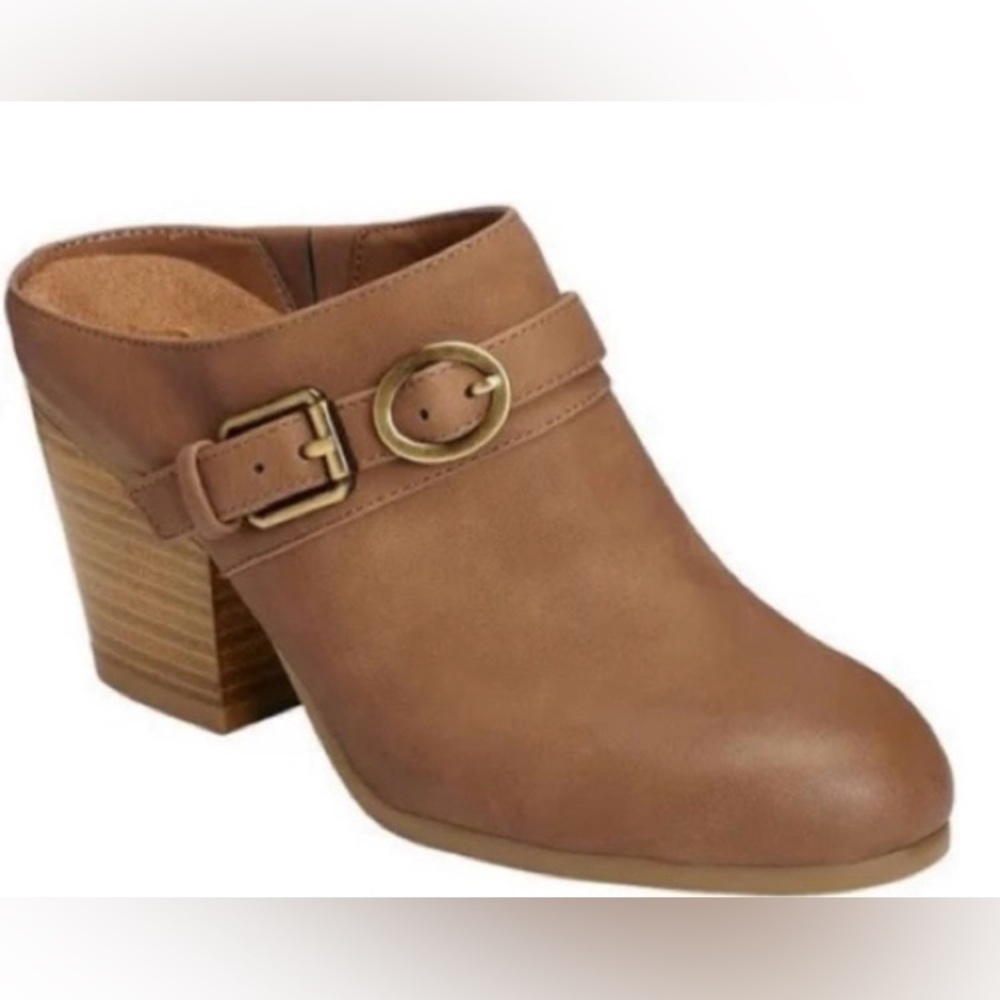 Aerosoles A2 Velveteen Heel Rest Mules/Clogs, buckle trim,light tan color